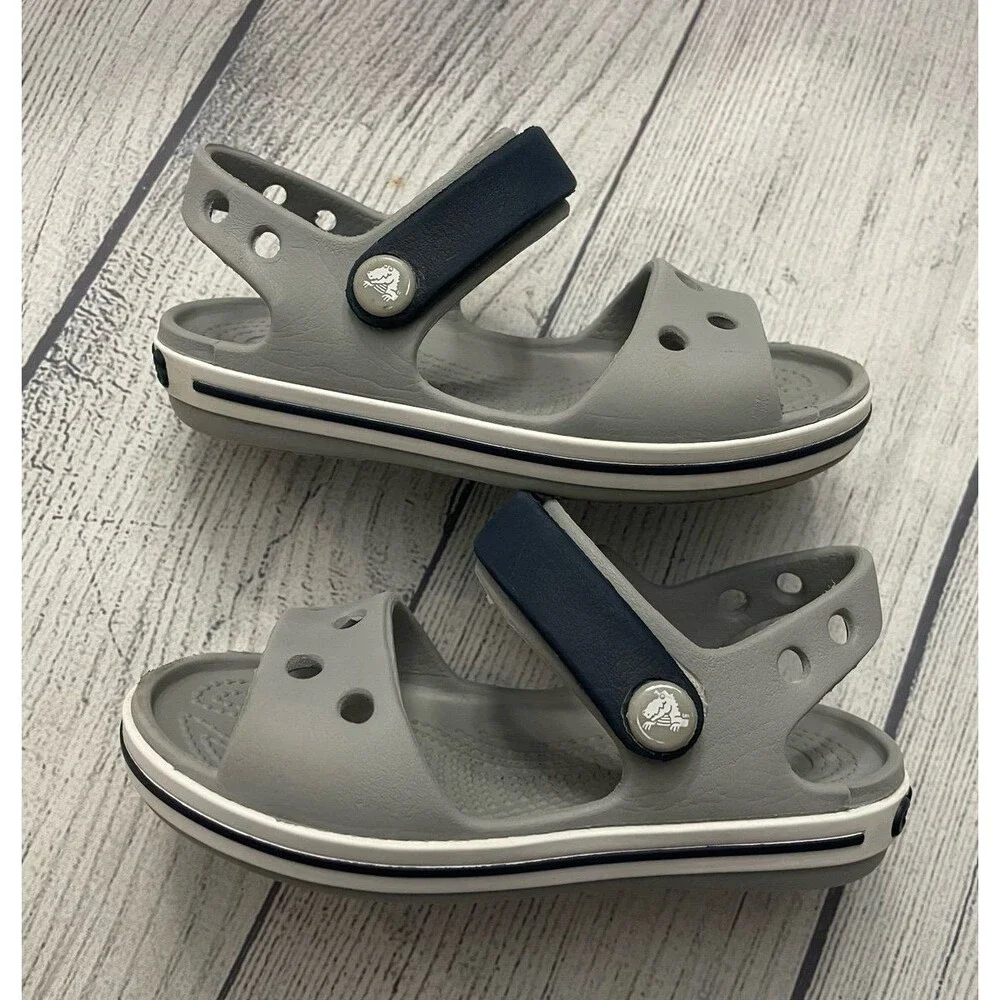 Grey Gray & Navy Blue Croc Crocs Little Boy Toddler Sandals Shoes, Size 8